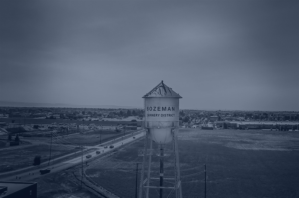 The Cannery District water tower over Bozeman, Montana